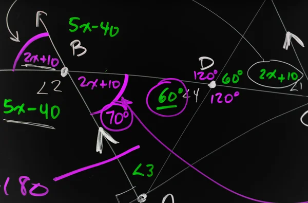 Plusieurs Formules Mathématiques Complexes Équations Géométrie Écrites Sur Tableau Noir — Photo