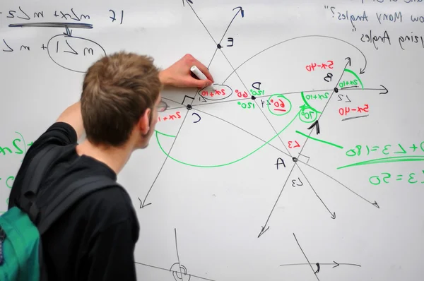 Student Writes Several Complex Mathematical Formulas Equations Geometry White Board — Stock Photo, Image