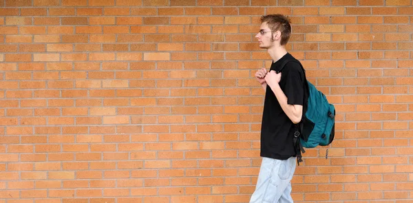 Tall White Caucasian Young Adult Teenage Male Walks Front Brick — Stock Fotó