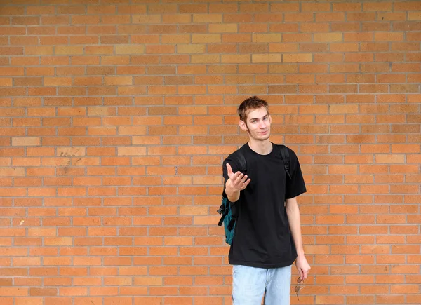 Tall White Caucasian Young Adult Teenage Male Stands Front Brick — 스톡 사진
