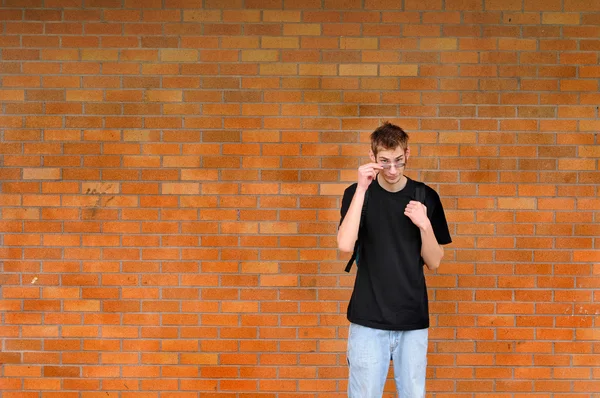 stock image Student standing in front of brick wall