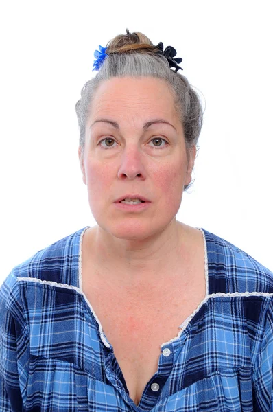 Frau Mittleren Alters Mit Unbeholfenem Gesicht Isoliert Auf Weißem Hintergrund — Stockfoto