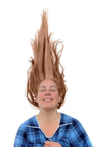 Happy Woman Huge Grin Showing Her Teeth Her Brown Hair — Stock Photo, Image