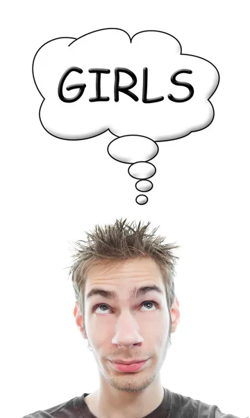 Young Adult Caucasian Male Thinks Picking Some Girls Isolated White — Stock Photo, Image