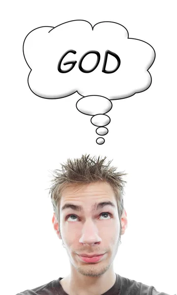 Young Adult Caucasian Teenage Man Thinks God His Think Bubble — Stock Photo, Image
