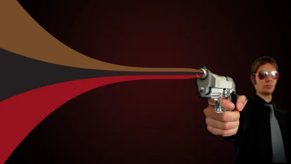 Ung Man Håller Sin Pistol Och Skjuter Abstrakt Linjer — Stockfoto