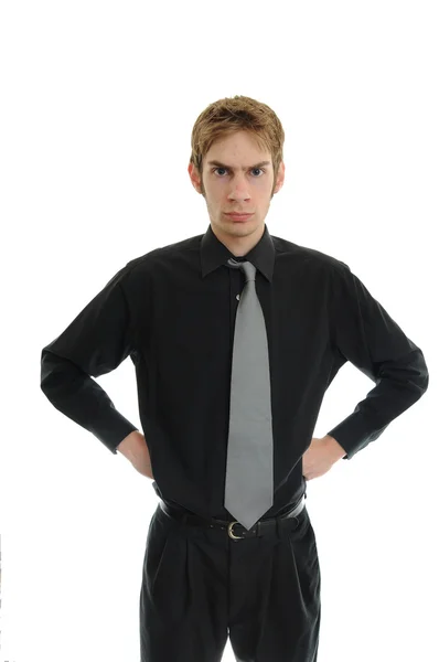Upset Businessman Has His Hands His Hips Frowning Camera — Stock Photo, Image