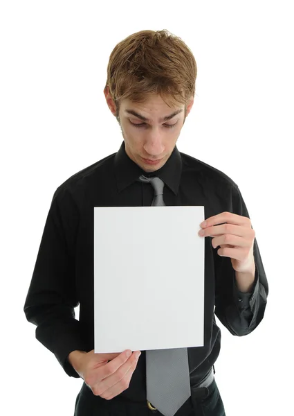 Young Businessman Holds Blank Peice Paper Copyspace Your Text — Stock Fotó