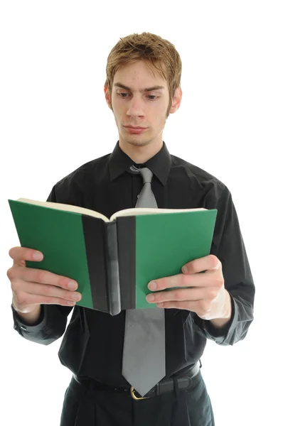 Young Businessman Reading Small Green Text Book — Stock Photo, Image