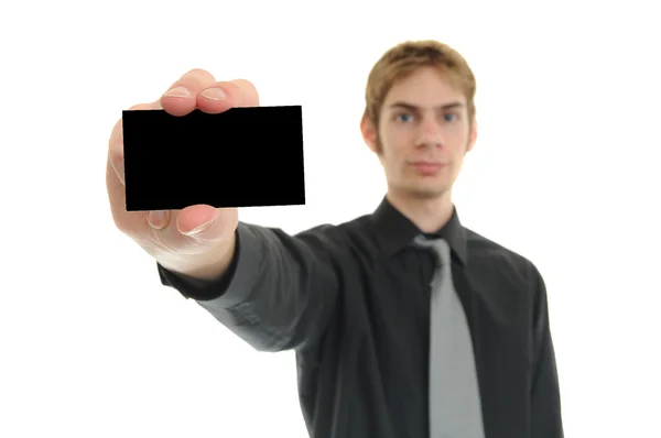 Młody Biznesmen Trzyma Jego Czarne Puste Wizytówkę — Zdjęcie stockowe