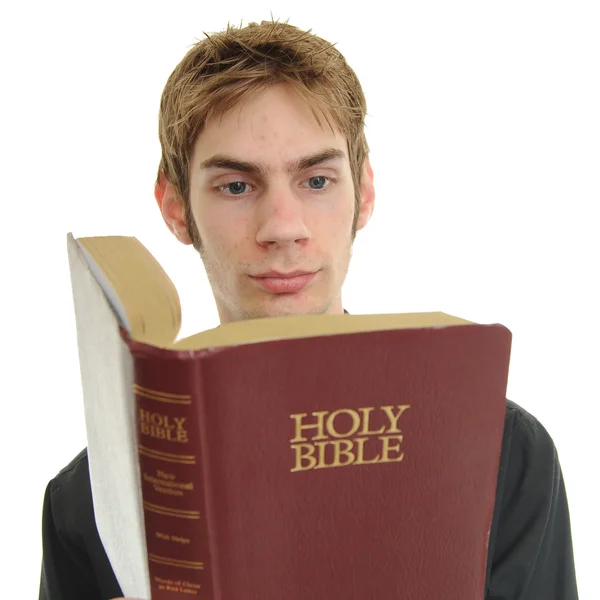 Young Adult Man Opens Holy Bible Reads — Stock Photo, Image