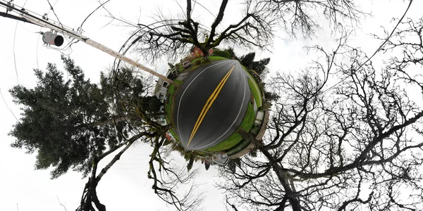 Small Tiny Planet Crowded Only Enough Room Few Houses Trees — Stock Photo, Image