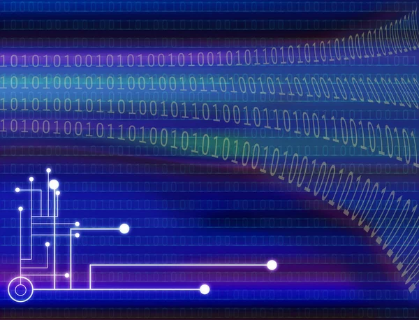 バイナリ コードと下の回路基板の紫と青のイラストの抽象的な背景 — ストック写真