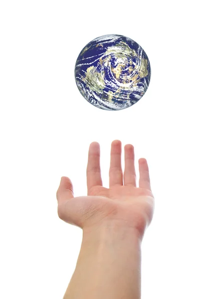 Eine Weiße Kaukasische Hand Auf Weißem Hintergrund Die Einen Computer — Stockfoto