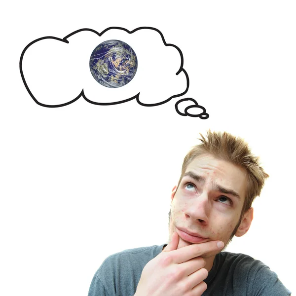 Jonge Man Denken Onze Planeet Aarde — Stockfoto