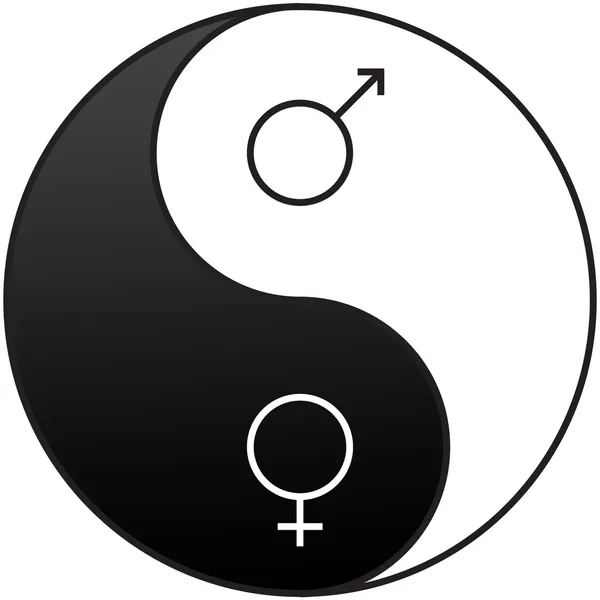 男性と女性の反対の資質を示すために使用される陰と陽シンボルに埋め込まれた性別の記号 — ストック写真