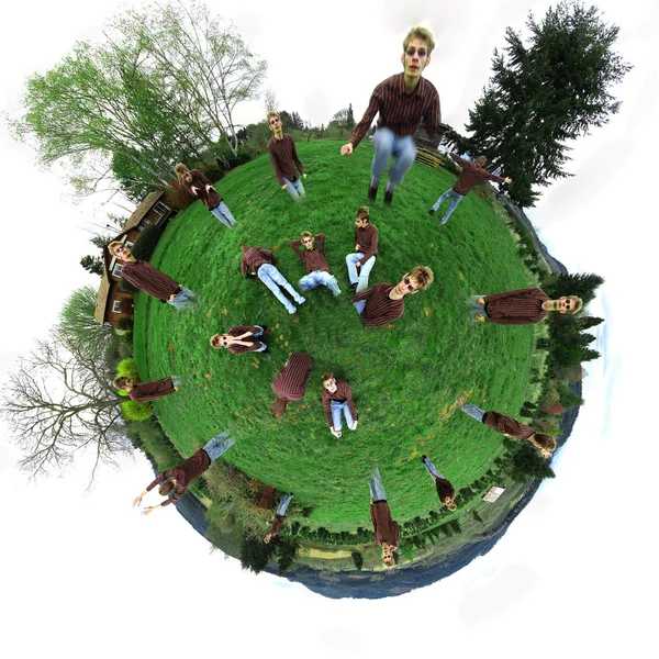 360 Panorama Stereografico Del Pianeta Con Diversi Cloni Che Camminano — Foto Stock