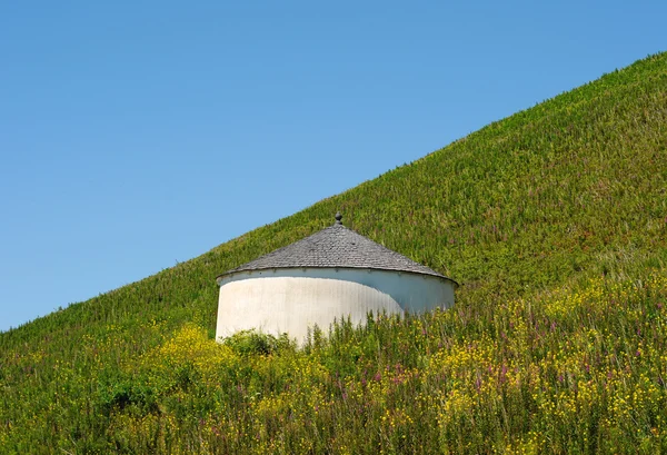 丘の上のフィールドの真ん中に貯水タンク水タワー — ストック写真