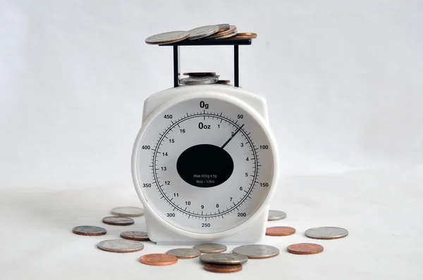 Geld und Kleingeld auf einer Gewichtsskala — Stockfoto