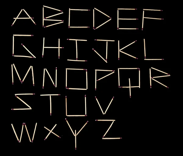Hölzerne Streichhölzer Alphabet Isoliert Auf Schwarzem Hintergrund Angeordnet — Stockfoto
