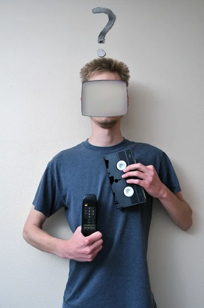 Man Glass Screen His Head Holding Vhs Tape Remote Controller — Stock Photo, Image