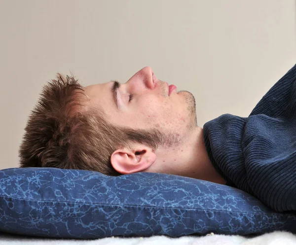 Young Caucasian Teenage Adult Male Sleeping His Pillow His Eyes — Stock Photo, Image