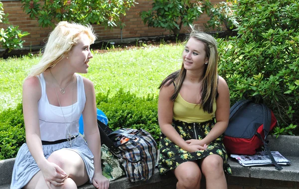 Teenage girls talking outside of school — Stock Photo, Image