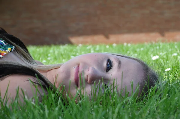 Closeup Beautiful Blond White Caucasian Young Adult Teenage Girl Laying — Stock Photo, Image