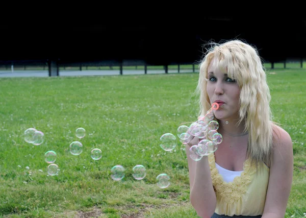 Young White Caucasian Teenage Girl Laying Grass Blowing Bubbles — Stock Photo, Image