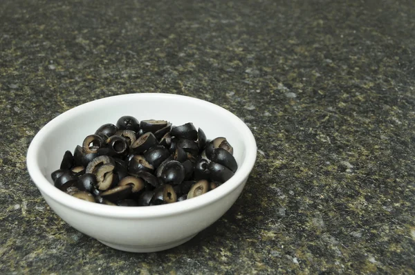 Aerial View Bunch Sliced Diced Cut Black Olives Contained White — Stock Photo, Image