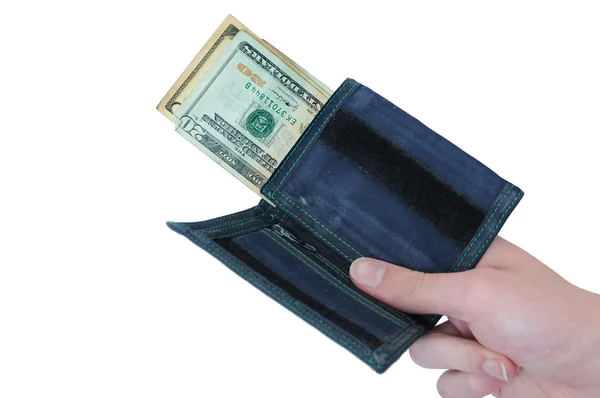 用钱粘在它隔绝在白色的蓝色钱包 美元的钞票是在前面 — 图库照片