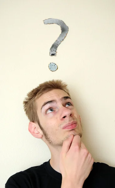 Young White Caucasian Male Wondering Question Mark His Head Wall — Stock Photo, Image