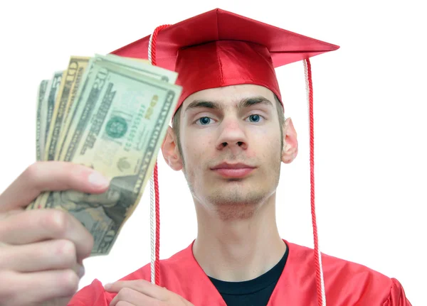Graduado Ensino Médio Universidade Faculdade Detém Seu Dinheiro Para Pagar — Fotografia de Stock