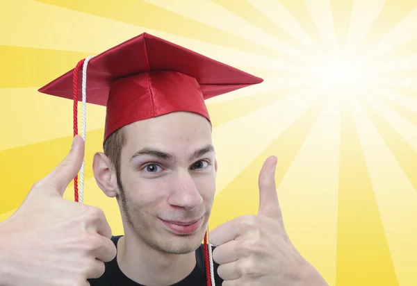 Jovem Branco Masculino Caucasiano Adolescente Colegial Graduado Sorrindo Com Polegares — Fotografia de Stock