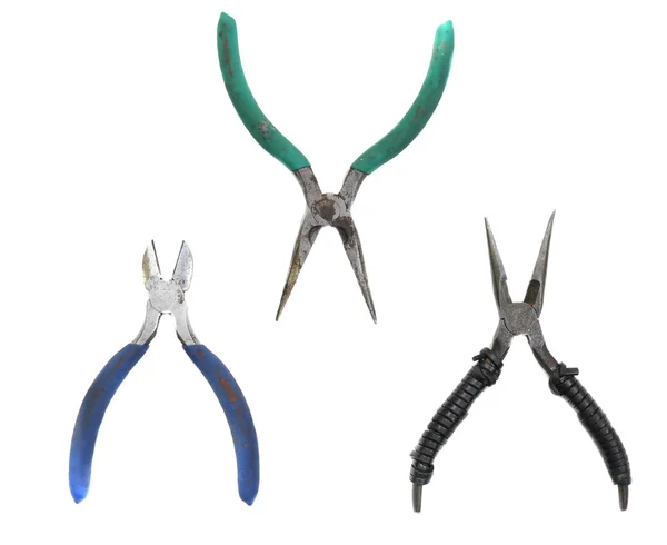 Collection Set Three Open Pliers Have Been Used Show Little — Stock Photo, Image