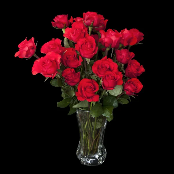两打红玫瑰被隔绝在一个大玻璃花瓶与水中的绿色茎与黑色背景上 所有四个边 Copyspace — 图库照片