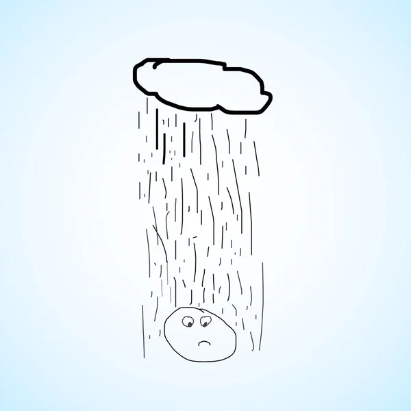 Smutný Depresivní Kreslená Postavička Vzdychá Jak Prší Mrak Nad Ním — Stock fotografie
