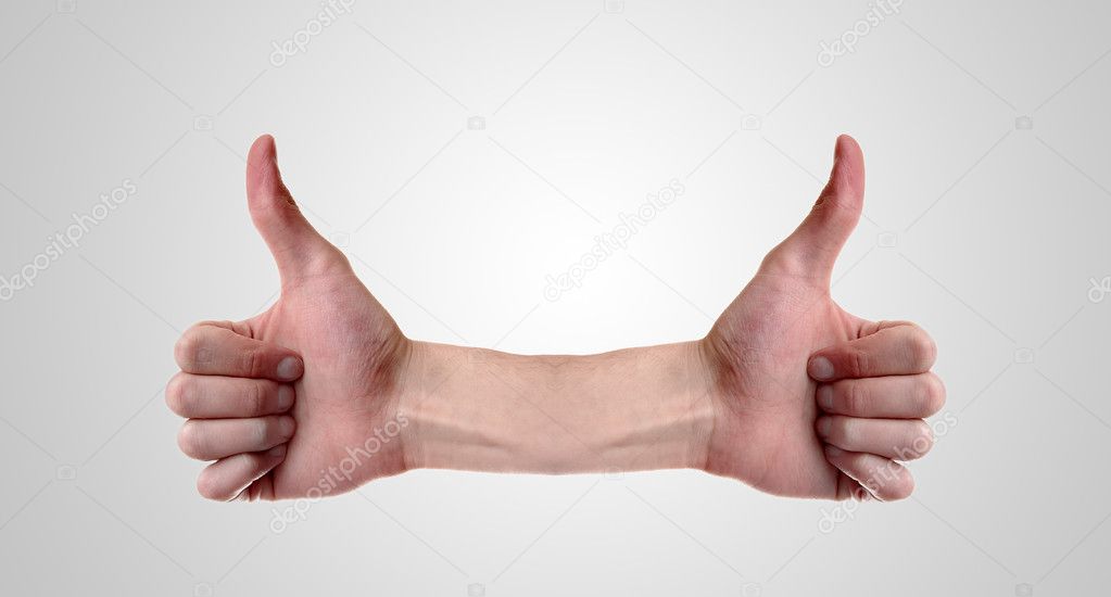 Two white male Caucasian hands have both of their thumbs up for approval.