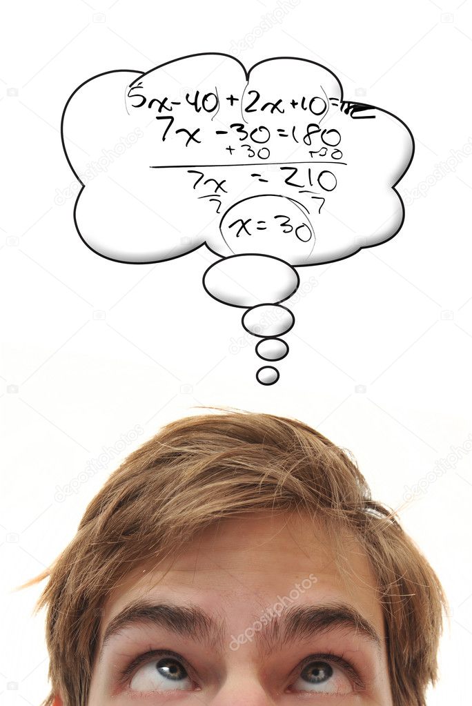 Smart young male white Caucasian student solves a complex algebra math problem, right in his head