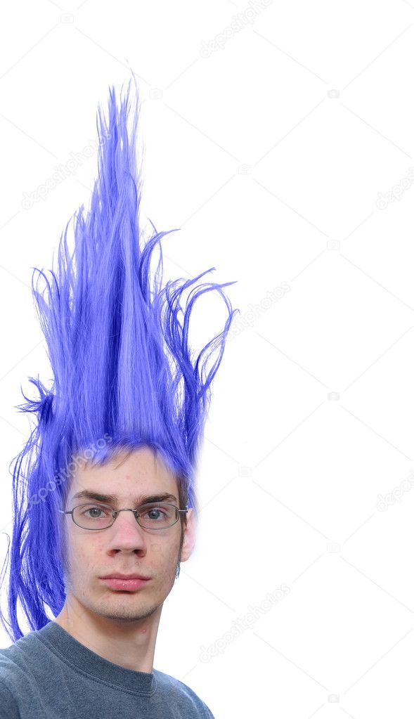Crazy wacky young male Caucasian adult with purple hair that stands straight up