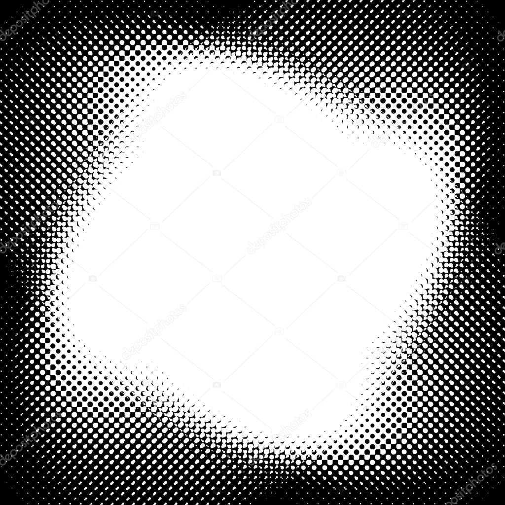 Graphic design illustration of black and white halftone background pattern with blank white copyspace space inside.