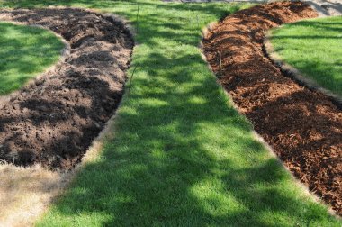 Two dug up trenches in a grass yard, one filled with bark, and the other filled with soil dirt. clipart