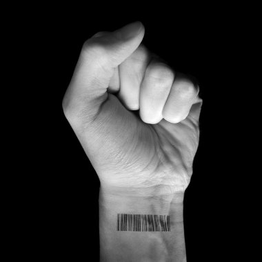 White fist raising his clenched fist with a bar code printed on his wrist. clipart