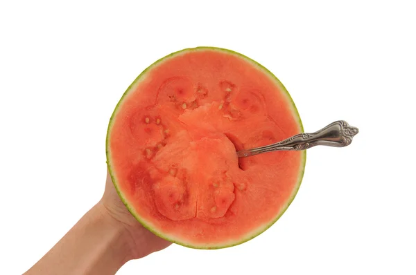 Hand Holding Cut Watermelon Spoon — Stock Photo, Image