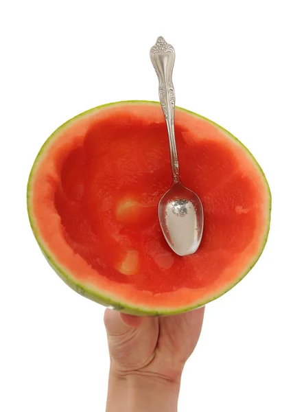Hand Holding Cut Watermelon Spoon Melon Has Been Eaten — Stock Photo, Image