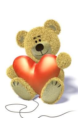 Teddy Bear sits on the ground, holding a heartshaped balloon, smiling, relaxing having a break. clipart