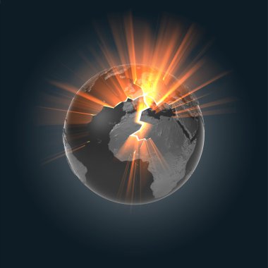 A globe made from dark metals with cracks on it's surface. Bright, orange light from it's core is shining through into space. clipart