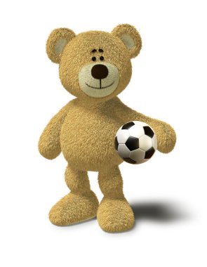 oyuncak ayı bir futbol topu tutuyor.