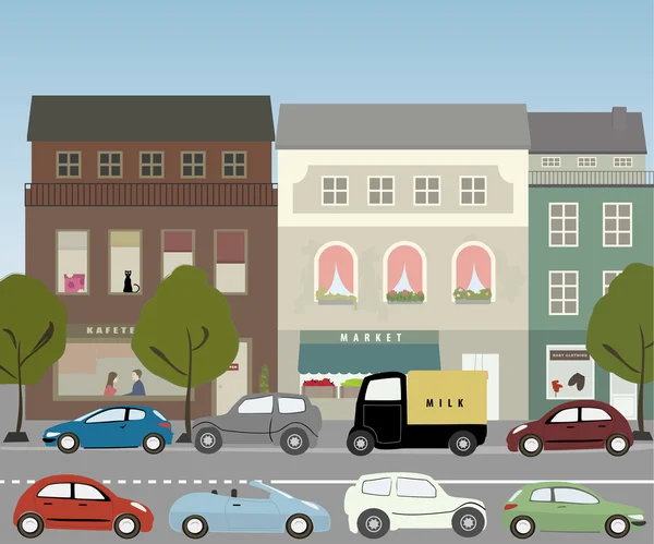 Dia Quente Centro Cidade Rua Com Carros Estacionados —  Vetores de Stock