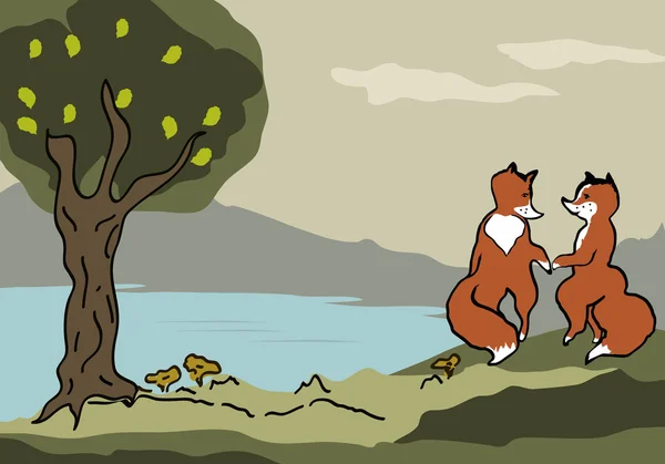 Child Illustration Foxes Walk Lakeside — Stock Vector